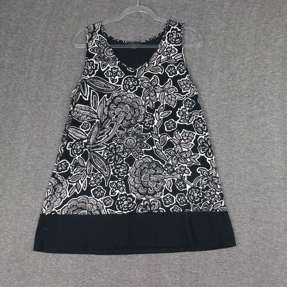 J. JILL WEAREVER COLLECTION WOMENS BLACK WHITE FLORAL TUNIC TANK TOP SIZE SMALL